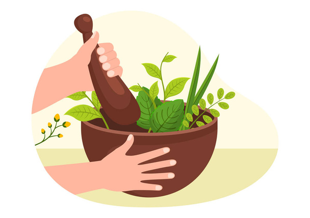Альтернативна медицина або рослинна терапія з використанням Ginseng Root, Essential Oil and Seeds in Flat Cartoon Hand Drawn Templates Ілюстрація - Вектор, зображення