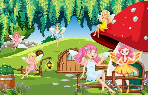 Enchanted scene with medieval cartoon characters illustration - Vector, Image