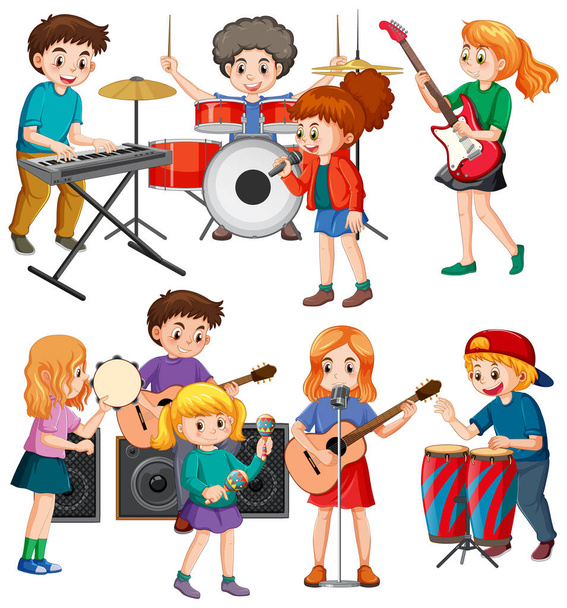Σύνολο παιδιών που παίζουν διαφορετικά μουσικά όργανα εικονογράφηση - Διάνυσμα, εικόνα