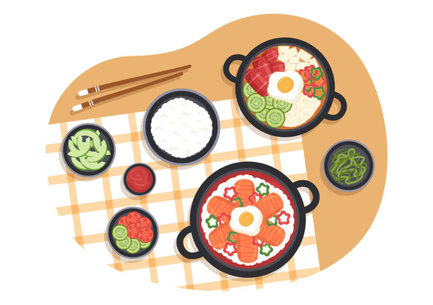 Comida coreana menú de varios platos de cocina tradicional o nacional deliciosa en dibujos animados planos Plantillas dibujadas a mano Ilustración - Vector, imagen
