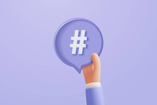 3D hashtag search link symbol on social media notification icon isolated on purple background. Comments thread mention or user reply sign with social media. 3d hashtag on vector render illustration - Vector, imagen