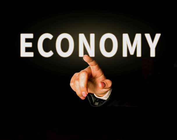 Koncepcyjny wyświetlacz Ekonomia, Biznes przegląd systemu zarabiania i wykorzystywania pieniędzy w danym kraju - Zdjęcie, obraz