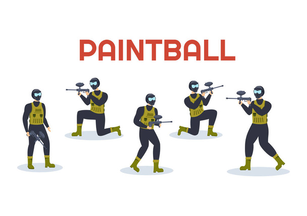 銃砲射撃、照準、フラット漫画ハンドドローテンプレートイラストのフィールドシーンでの攻撃で戦闘機プレイヤーシューティングのペイントボールをプレイする人々 - ベクター画像