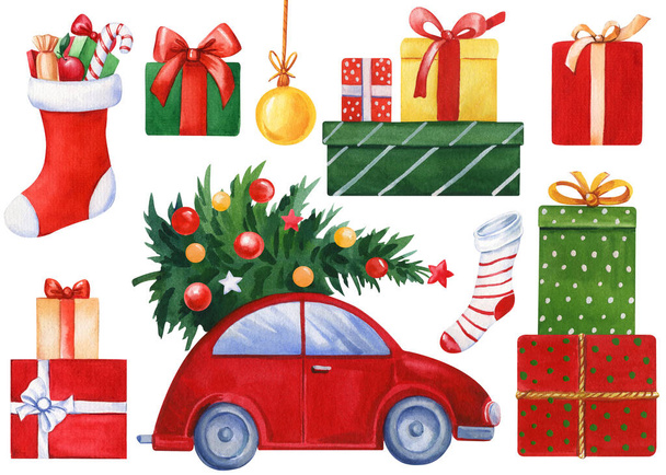 Hand drawn watercolor set. Red car with christmas tree, gifts, christmas balls, lollipop, gingerbread man, sock isolated on white background. new year illustration. High quality illustration - Photo, Image