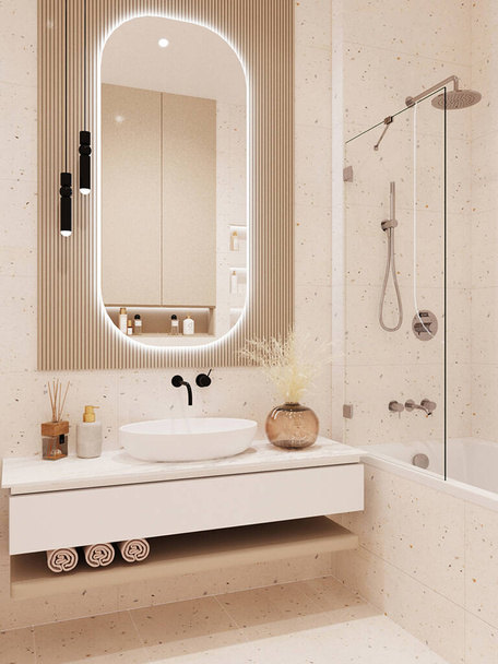 Красивое зеркало в ванной комнате с лампой - Фото, изображение