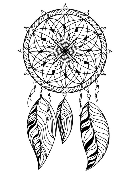 Schets droomvanger met kralen en veren, mascotte kleurplaat vector illustratie - Vector, afbeelding