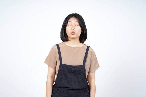 Closed Eyes and Blowing Kiss Of Beautiful Asian Woman Isolated On White Background - Photo, Image