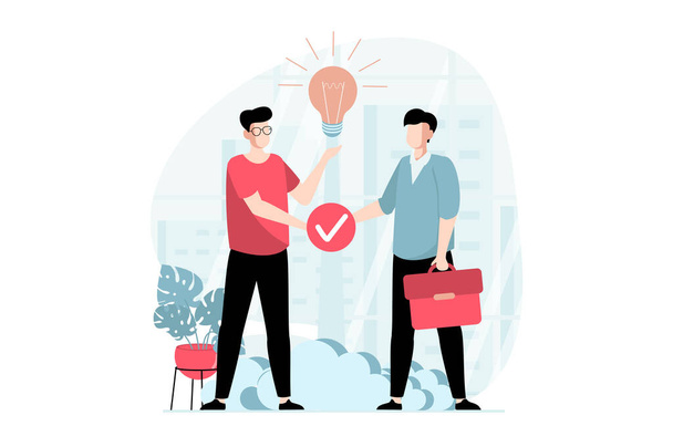 Business making concept with people scene in flat design. Businessmen shake hands and make deal on partnership, generate new ideas and solutions. Illustration with character situation for web - Photo, Image