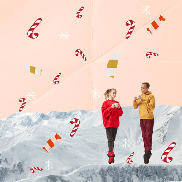 Contemporary art collage. Young people, man and woman standing on tiptoe like ballet dancers and drinking tea. Concept of Christmas, New Year, holiday, celebration, winter. Copy space for ad - Φωτογραφία, εικόνα