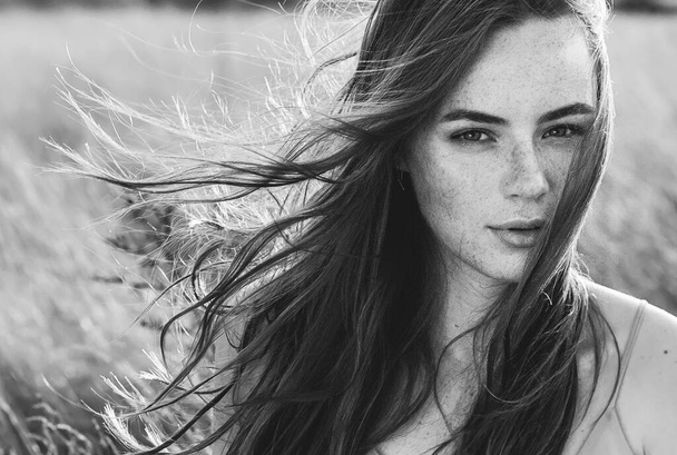 Beautiful woman natural face with  freckles casual female portrait . Natural beauty face - Φωτογραφία, εικόνα