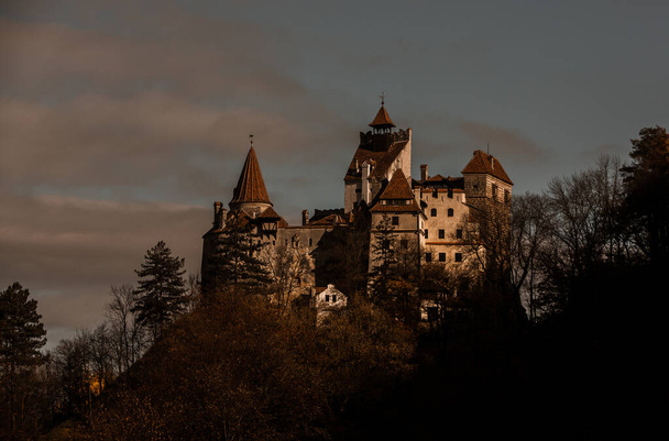 Transilvanya 'daki Bran Kalesi, dünyanın en ünlü ortaçağ kalelerinden biri. Bram Stoker, Drakula ve Bran Kalesi romanında kaleyi kendi evi olarak kullandı.. - Fotoğraf, Görsel