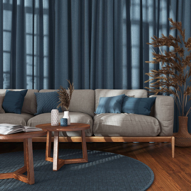 Σαλόνι Japandi σε ξύλινους και μπλε τόνους, κοντινό πλάνο. Ύφασμα καναπέ, μπαστούνι καπέ και κουρτίνες. Parquet δάπεδο, αγροικία εσωτερικό σχεδιασμό - Φωτογραφία, εικόνα