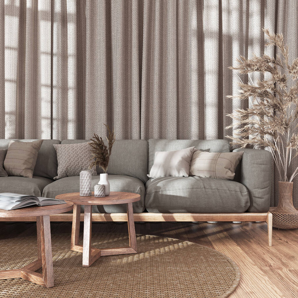 Japandi sala de estar en tonos de madera y blanqueados, primer plano. Sofá de tela, capé de ratán y cortinas. Suelo de parquet, casa de campo de diseño de interiores - Foto, imagen