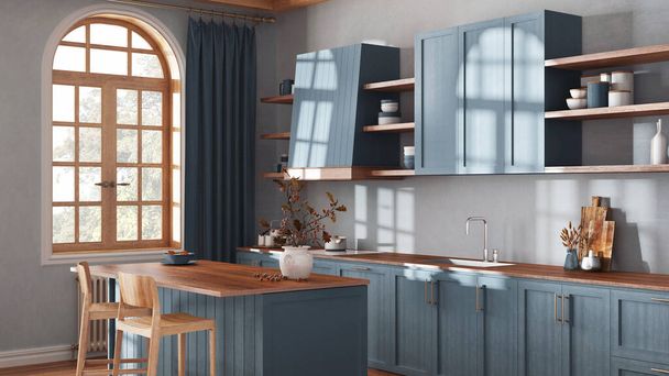 Farmhouse wooden kitchen in blue and beige tones with island and stools. Parquet, shelves and cabinets. Bohemian interior design - Zdjęcie, obraz