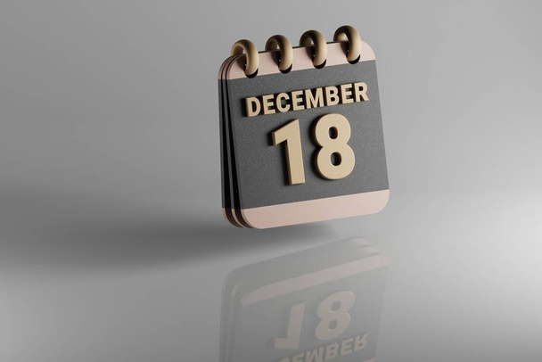 Standing black and golden month lined desk calendar with date December 18. Modern design with golden elements, 3d rendering illustration. White ceramic reflection background..	 - Fotografie, Obrázek