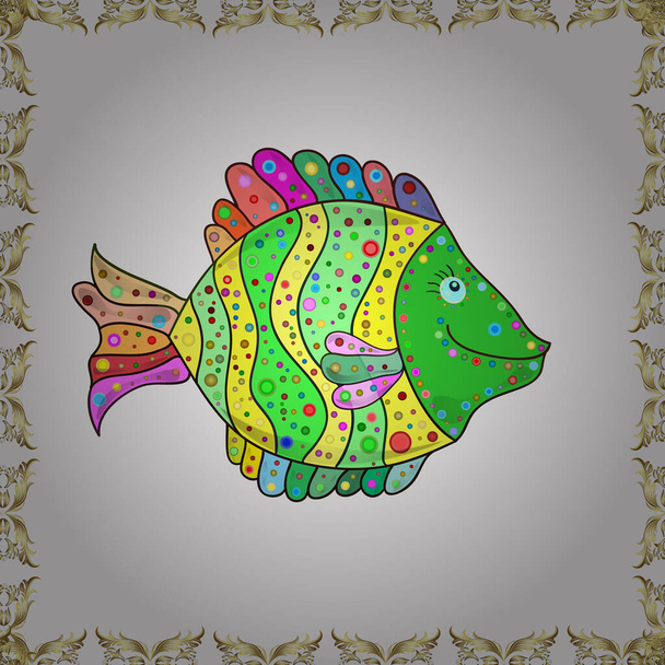 Ręcznie rysowane elementy akwarelowe. Życie morskie. Ocean ryby na kolorowym tle. Ilustracja. Piękny bezszwowy wzór z kolorowymi akwarelowymi rybami. - Zdjęcie, obraz