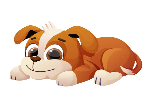 Puppy lying, cute dog child, pet with adorable tail in comic cartoon style isolated on white background. Emotional character. Vector illustration - Vector, Image