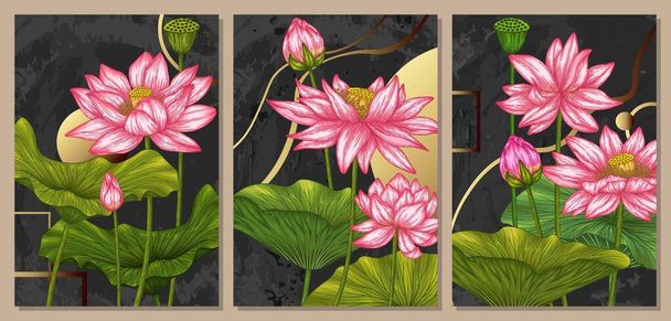  Set van drie lotusbloemen vector posters op een donkere achtergrond met gouden elementen - Vector, afbeelding