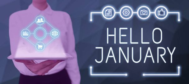 Текст, що показує натхнення Hello January, вітання бізнес-вітрини, що використовується при вітанні 1-го місяця року
 - Фото, зображення