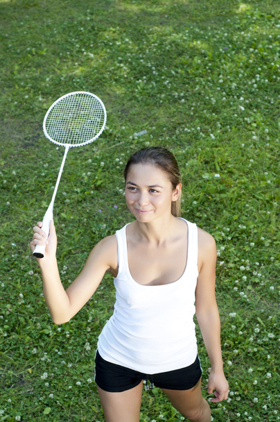 Beautiful Young Woman Playing Badminton - Foto, Imagem