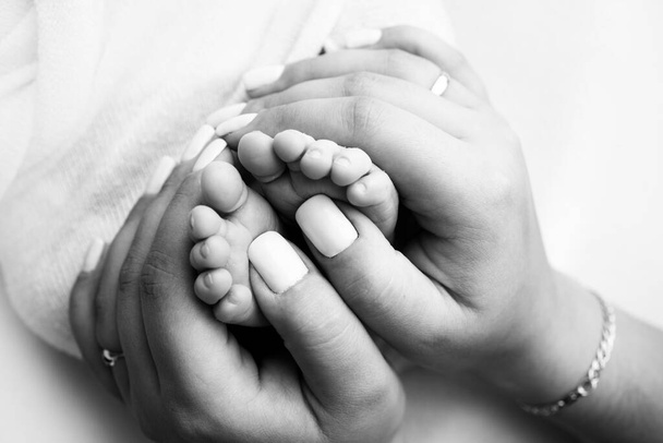 Mother is doing massage on her baby foot. Closeup baby feet in mother hands. Prevention of flat feet, development, muscle tone, dysplasia. Family, love, care, and health concepts. Black and white.  - Fotó, kép