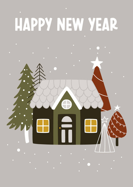 Tarjeta de Navidad con una casa y árboles de Navidad para celebrar las vacaciones de invierno de Año Nuevo. Ilustración vectorial con linda decoración callejera dibujada a mano para tarjeta de felicitación. - Vector, Imagen