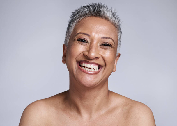 Beauty, skincare and portrait of senior woman in studio for healthy glow, natural cosmetics and wellness mock up marketing. Big smile, happy face and elderly or old woman model for dermatology. - Foto, afbeelding