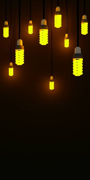 Lampade a LED giallo illuminazione su sfondo nero. Ricevuto. Rendering 3D. - Foto, immagini