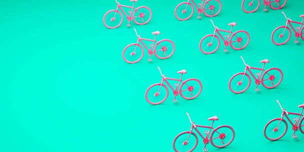 Różowy wzór rowerów na niebieskim tle z przestrzenią do kopiowania. Renderowanie 3D. - Zdjęcie, obraz