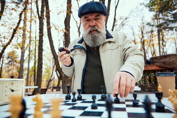 Portret starszego brodatego mężczyzny grającego w szachy i palącego fajkę w parku jesienią. Koncepcja aktywności rekreacyjnej, przyjaźni, sportu, sezonu jesiennego, gry, rozrywki, starego pokolenia - Zdjęcie, obraz
