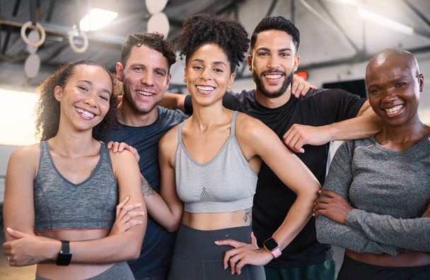 Team, workout group, fitness or people in a happy portrait for good training exercise or gym class session. Diverse sports friends, man and woman face together for health, wellness and body strength. - Fotó, kép