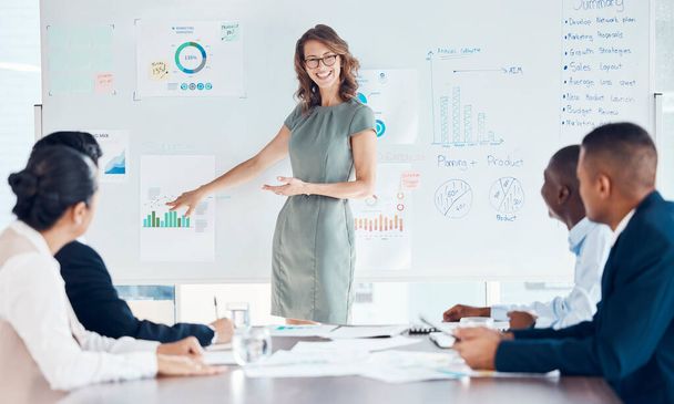 Επιχειρηματίας, ηγετική θέση και προπονητής στο whiteboard για στρατηγική μάρκετινγκ, συνάντηση ή παρουσίαση στο γραφείο. Ευτυχής γυναίκα διευθυντής ή μέντορας που διδάσκει την αναλυτική γραφημάτων των εργαζομένων. - Φωτογραφία, εικόνα