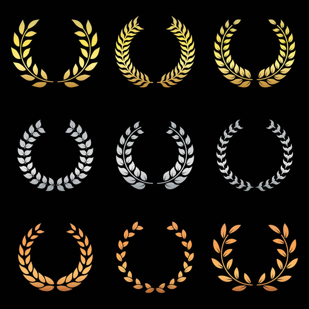 Gold, Silver, and Bronze Laurel Wreath Silhouette Icon Set. Success Chaplet Symbol. Champion Foliate Trophy Pictogram. Olive Leaves Branch Award Round Emblem. Isolated Vector Illustration. - ベクター画像