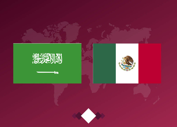 サッカートーナメントポスター。サウジアラビアとメキシコのサッカーの試合ベクターグラフィックス。世界地図. - ベクター画像