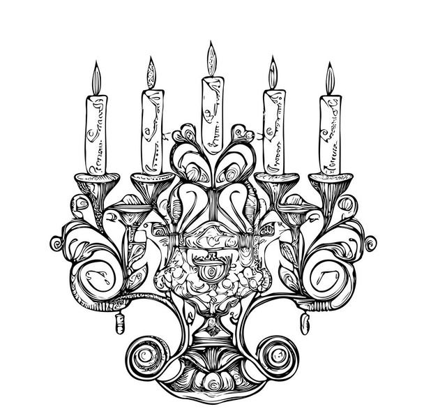 Candeliere con candele lampadario disegnato a mano schizzo illustrazione vettoriale. - Vettoriali, immagini