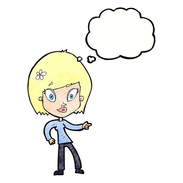 kreslené hezká dívka naklápění hlavy s myšlenkovou bublinou - Vektor, obrázek