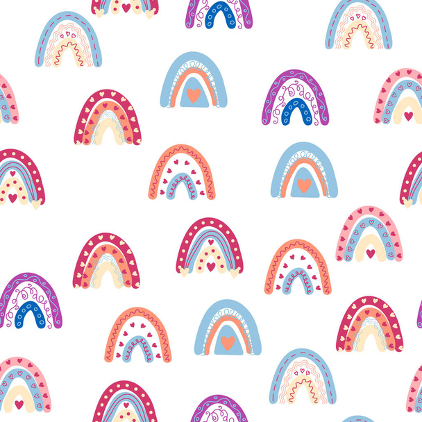 Rainbow seamless pattern in pastel colors. Scandinavian baby hand drawn illustration perfect for textiles and newborn clothes. - Vetor, Imagem