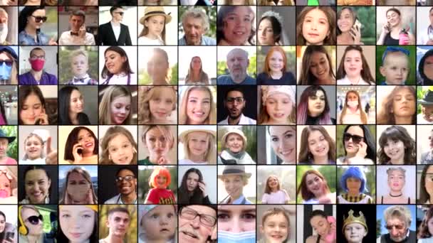 Collage vidéo de personnes. Un grand nombre de visages différents de femmes et d'hommes. Beaucoup de gens souriants et joyeux - Séquence, vidéo