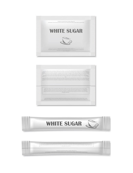 realistic vector icon illustration. Rectangular sugar sachet. Cane and white sugar. Front and back view. - Vector, Image