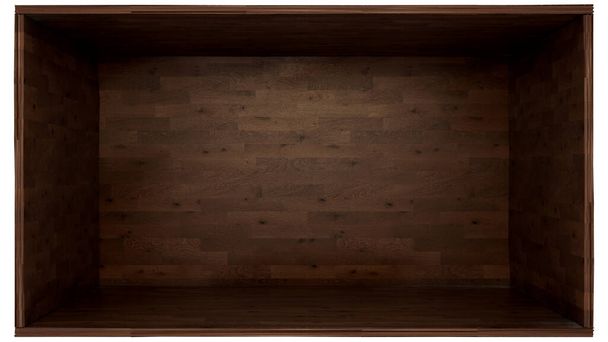Ilustración 3D de caja de madera oscura con abertura frontal y aislada con camino de recorte. - Foto, imagen