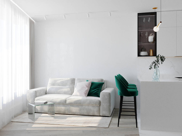 Sofá gris en dormitorio escandinavo - Foto, imagen