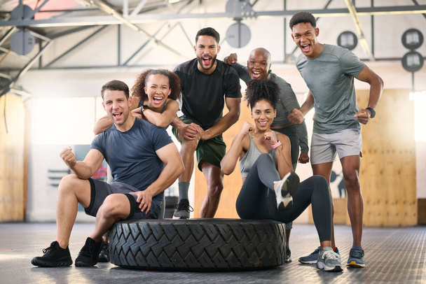 Fitness, gym and group of people portrait for workout teamwork, collaboration and motivation with power, energy and commitment. Excited, strong and sports people or friends with exercise goals. - Foto, Imagen