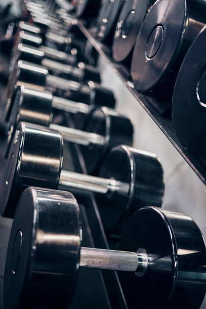 Fitness, workout and dumbbells in an empty gym for exercise, body building development or strength training for wellness. Commitment, motivation or heavy metal weights for strong arms or body muscles. - Fotó, kép