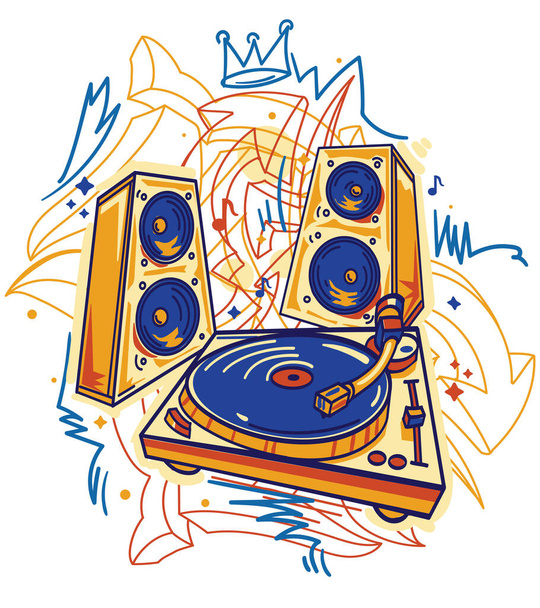 Drawn turntable with speakers and graffiti arrows, colorful funky music design - Vektor, obrázek