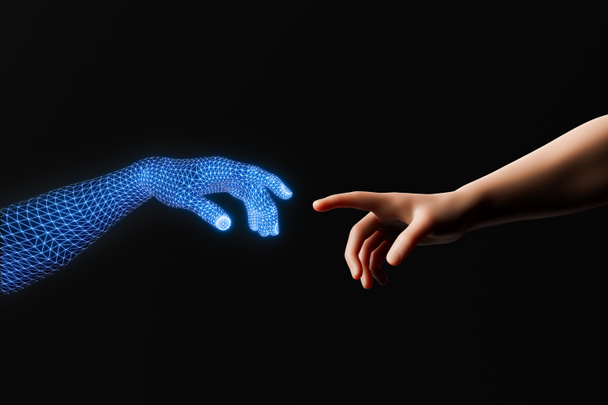3D рендеринг светящейся проволоки цифровой руки, приближающейся к человеческой руке на черном фоне в концепции цифровых близнецов, искусственного интеллекта и метавселенной - Фото, изображение
