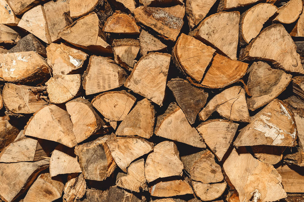 stack of neatly stacked firewood is dried under a canopy in the open air. Background for design. Cover. - Foto, afbeelding
