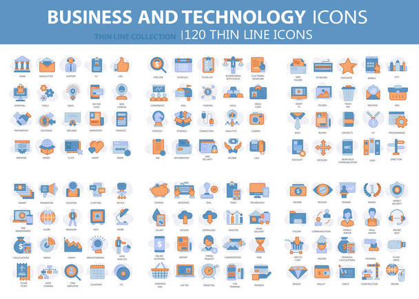 Business and marketing, programming, data management, internet connection, social network, computing, information. Thin line blue icons set. Flat vector illustration - Vector, Image