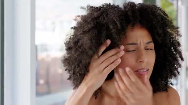 Worry, skincare and black woman face with anxiety about skin wellness, healthcare and aesthetic. Portrait of a woman checking for acne, wrinkles and dermatology problem thinking about botox and prp. - Footage, Video