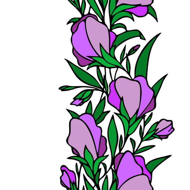 bordure florale sans couture, fleurs violettes, bordures répétées sur fond blanc avec contour noir, textile, design, art, graphique - Vecteur, image