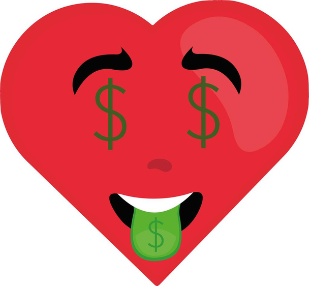 vector illustration of cartoon character of a heart with the dollar sign in the eyes and tongue out - Vector, Image
